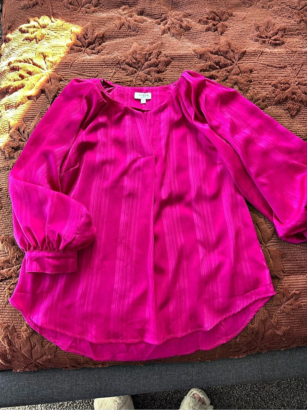 Umgee Satin Stripe Split Neck Long Sleeve Blouse Pink Medium
